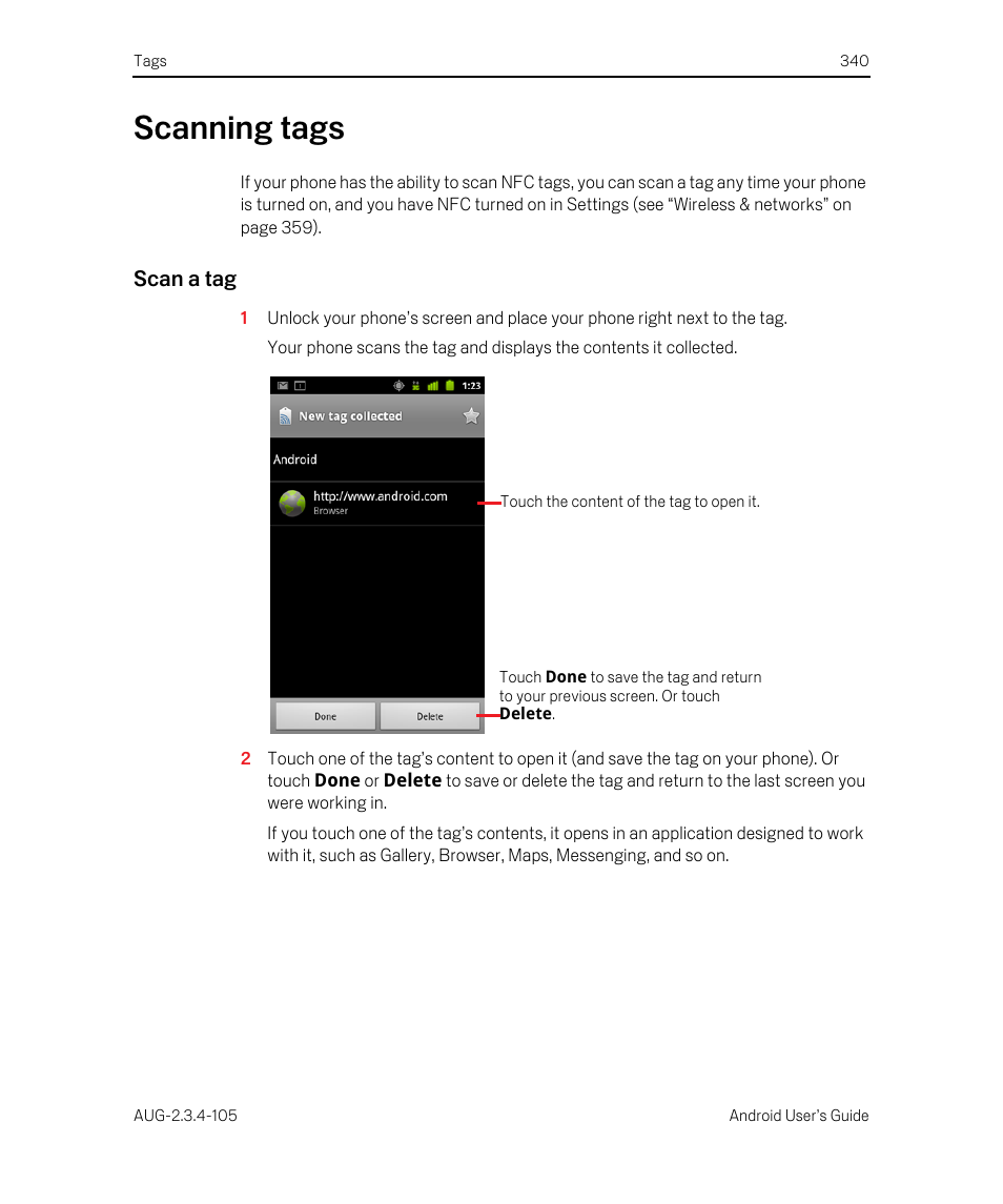 Scanning tags, Scan a tag, Scanning tags 340 | Google ANDROID 2.3.4 User Manual | Page 340 / 384