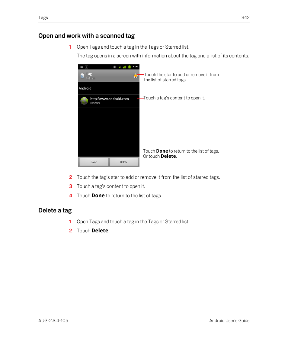 Open and work with a scanned tag, Delete a tag | Google ANDROID 2.3.4 User Manual | Page 342 / 384