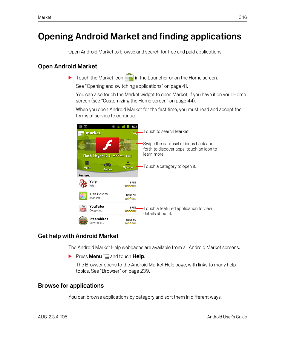 Opening android market and finding applications, Open android market, Get help with android market | Browse for applications | Google ANDROID 2.3.4 User Manual | Page 346 / 384