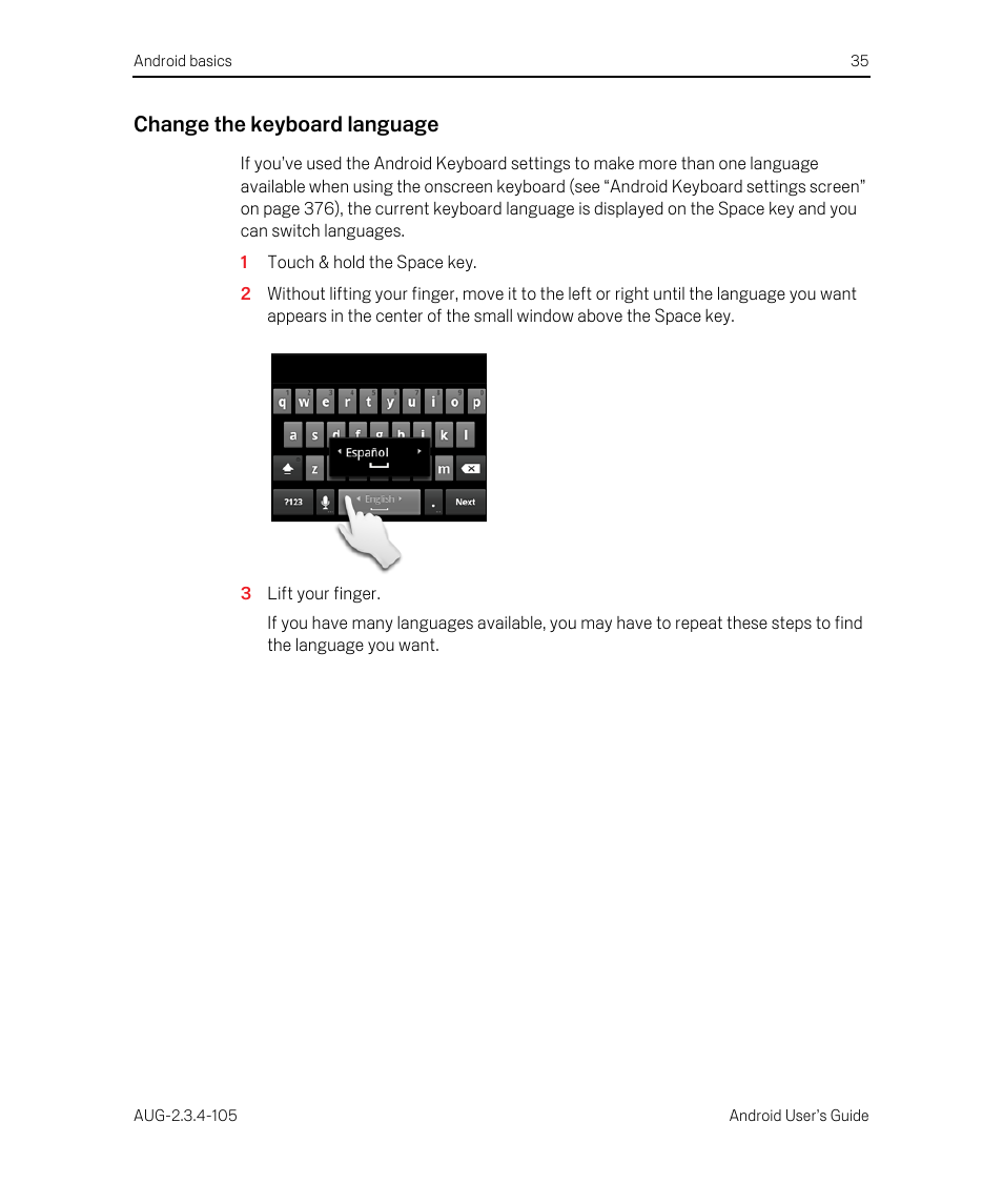 Change the keyboard language | Google ANDROID 2.3.4 User Manual | Page 35 / 384