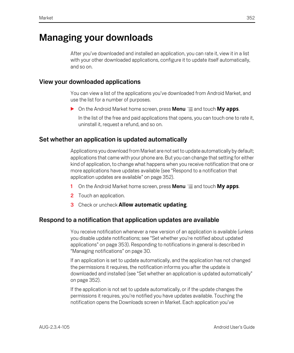 Managing your downloads, View your downloaded applications, Managing your downloads 352 | Google ANDROID 2.3.4 User Manual | Page 352 / 384