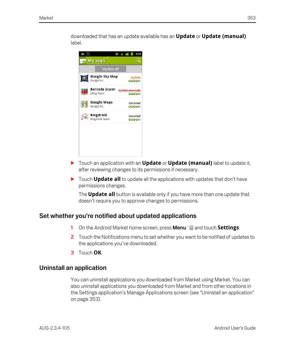 Uninstall an application | Google ANDROID 2.3.4 User Manual | Page 353 / 384