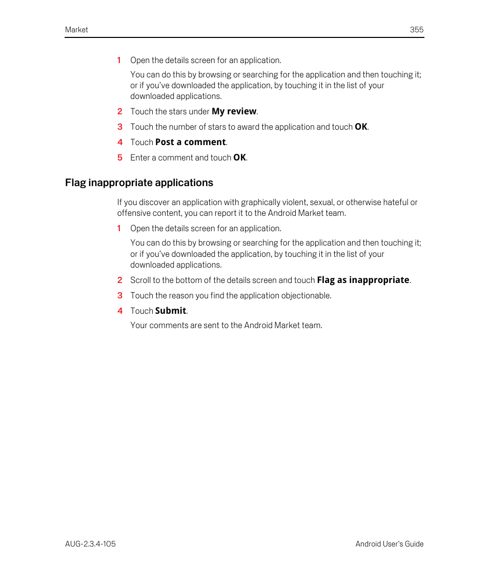 Flag inappropriate applications | Google ANDROID 2.3.4 User Manual | Page 355 / 384