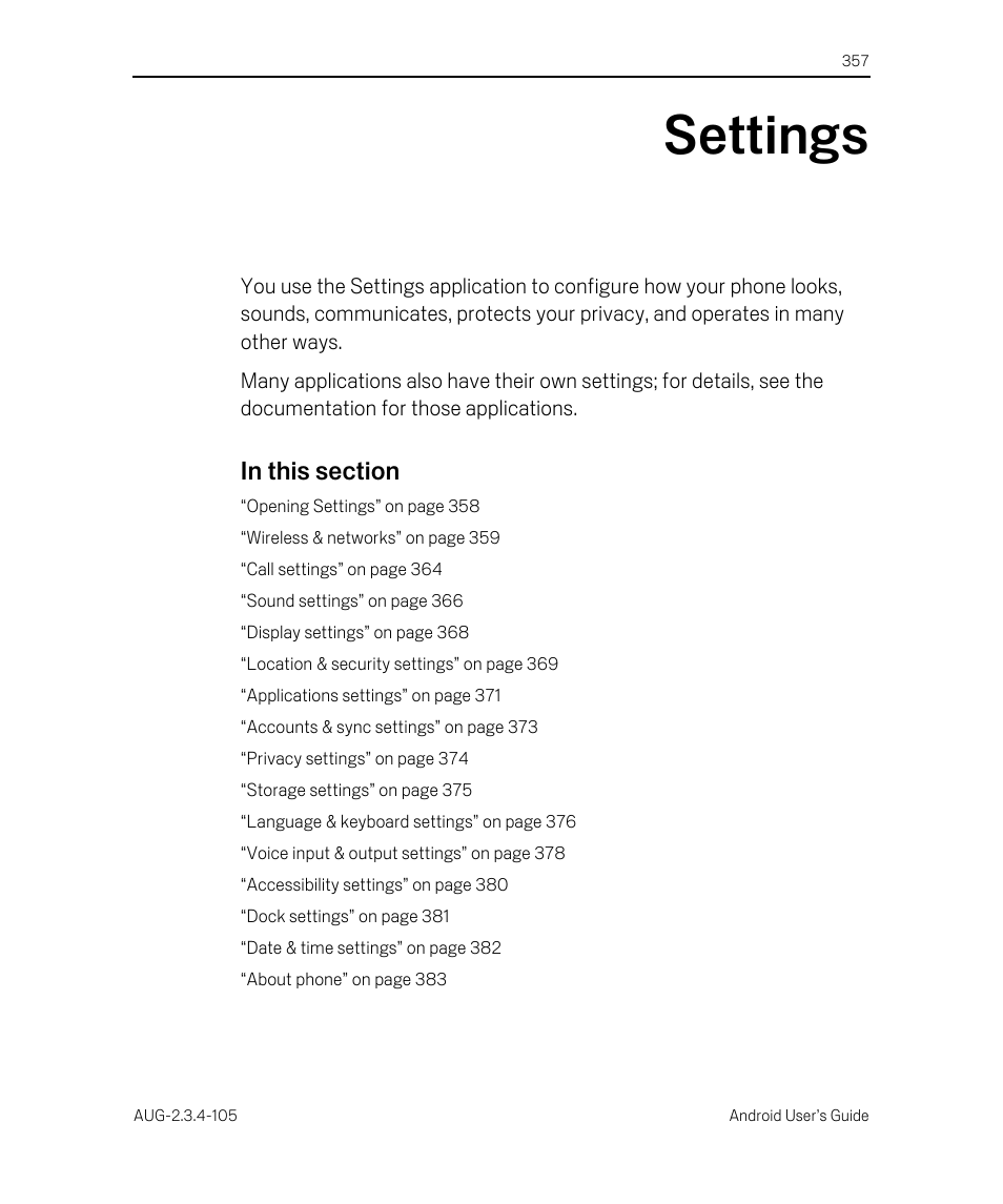 Settings, Settings 357 | Google ANDROID 2.3.4 User Manual | Page 357 / 384