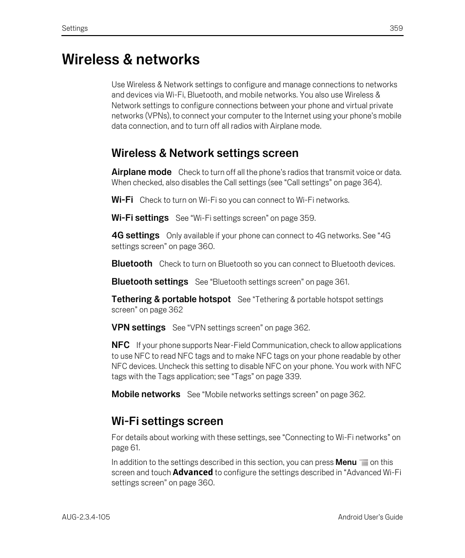 Wireless & networks, Wireless & network settings screen, Airplane mode | Wi-fi, Wi-fi settings, 4g settings, Bluetooth, Bluetooth settings, Tethering & portable hotspot, Vpn settings | Google ANDROID 2.3.4 User Manual | Page 359 / 384