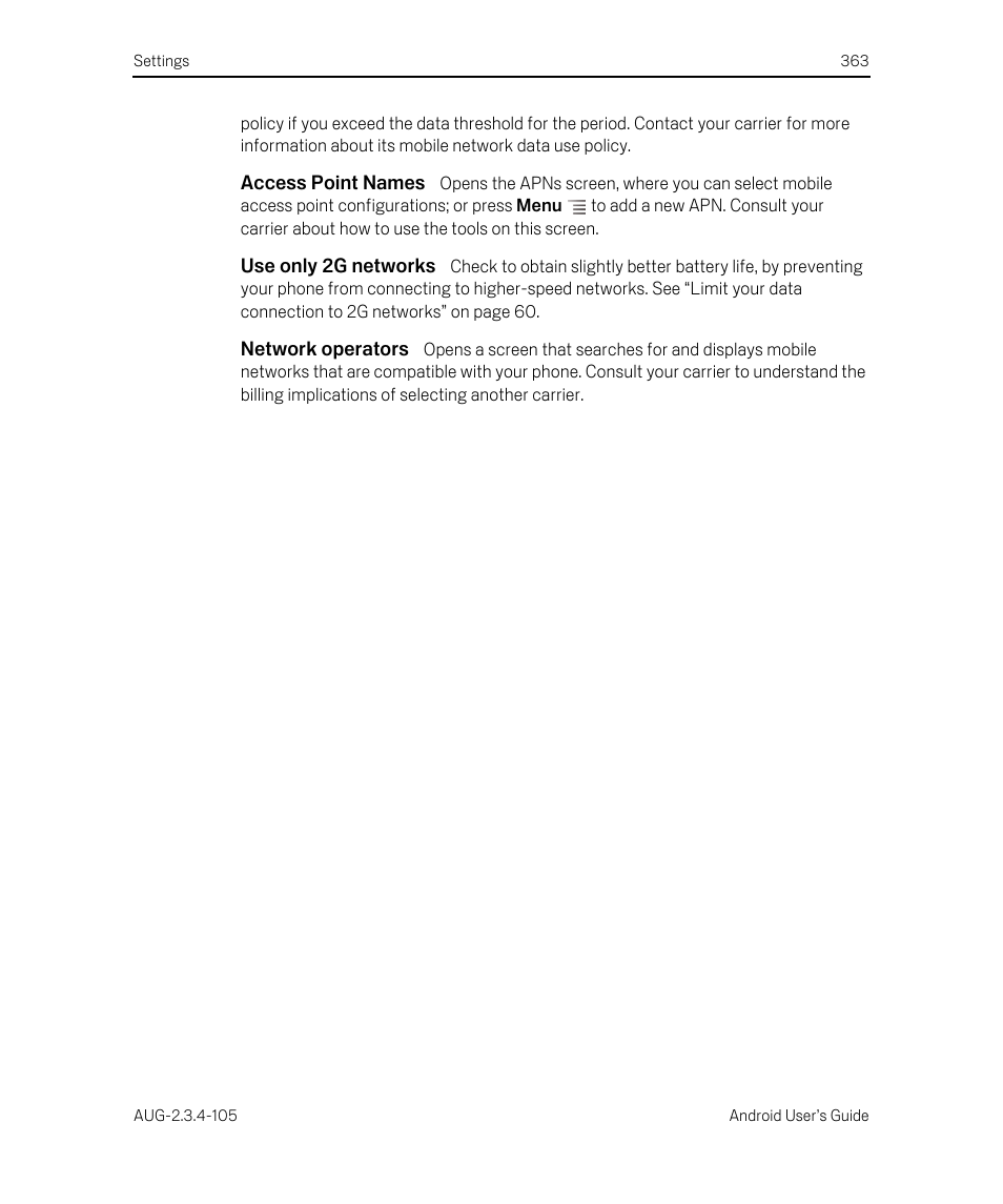 Access point names, Use only 2g networks, Network operators | Google ANDROID 2.3.4 User Manual | Page 363 / 384