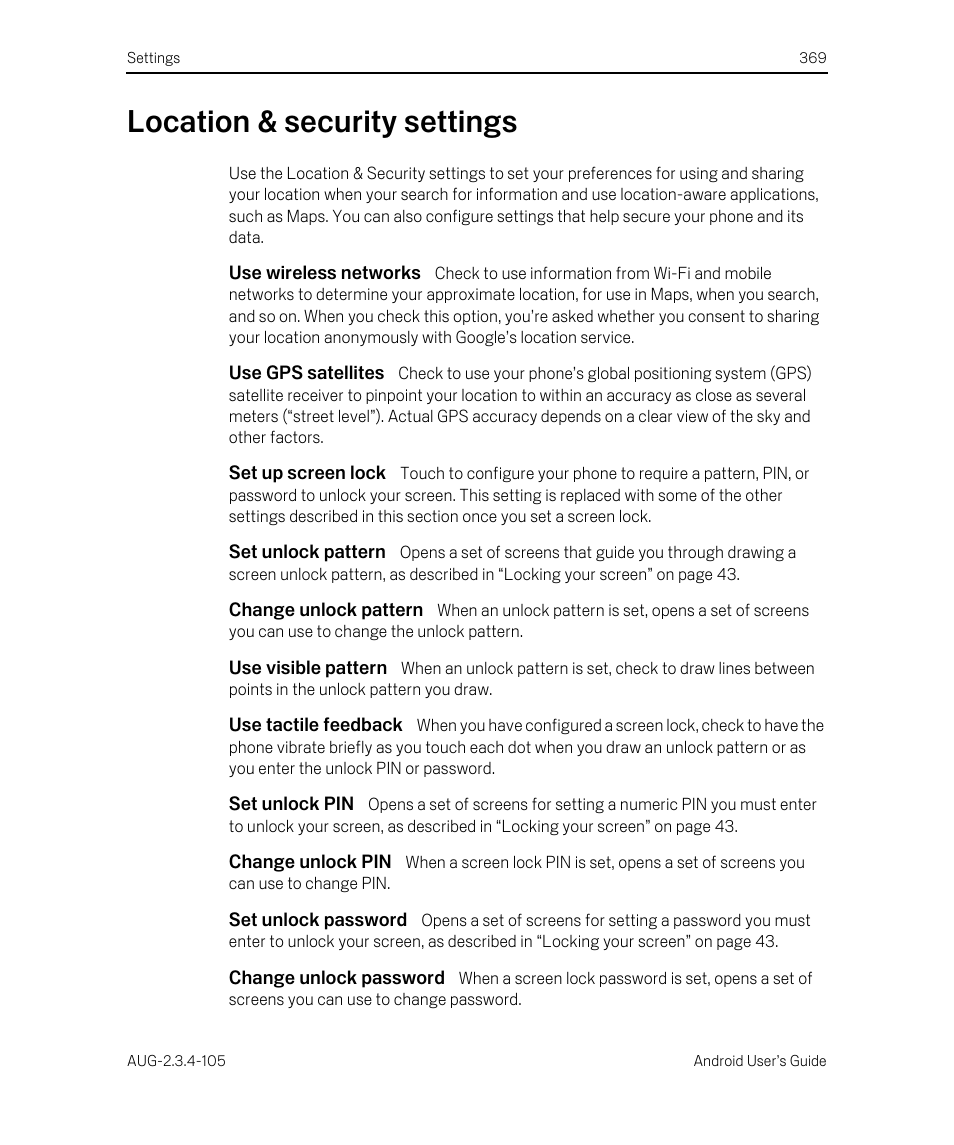 Location & security settings, Use wireless networks, Use gps satellites | Set up screen lock, Set unlock pattern, Change unlock pattern, Use visible pattern, Use tactile feedback, Set unlock pin, Change unlock pin | Google ANDROID 2.3.4 User Manual | Page 369 / 384