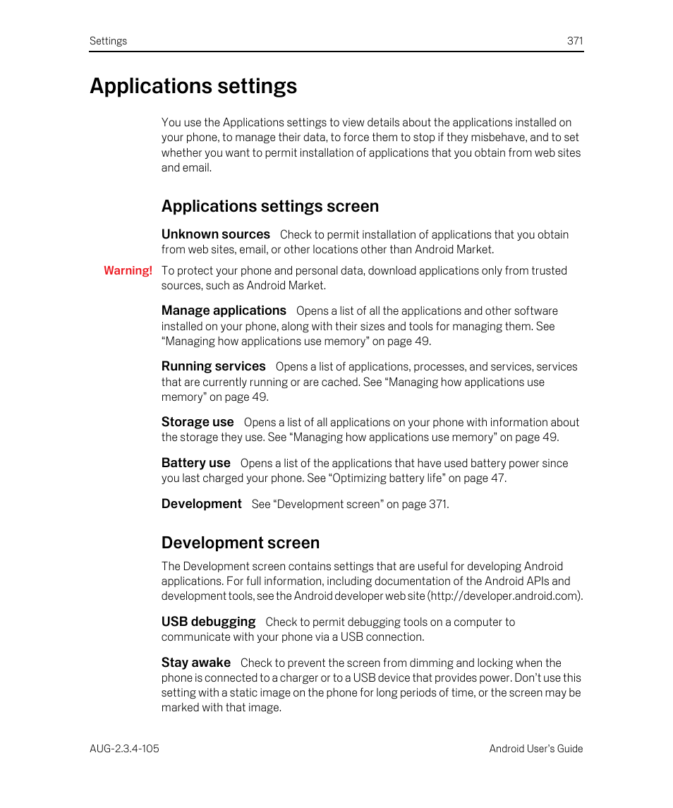 Applications settings, Applications settings screen, Unknown sources | Manage applications, Running services, Storage use, Battery use, Development, Development screen, Usb debugging | Google ANDROID 2.3.4 User Manual | Page 371 / 384