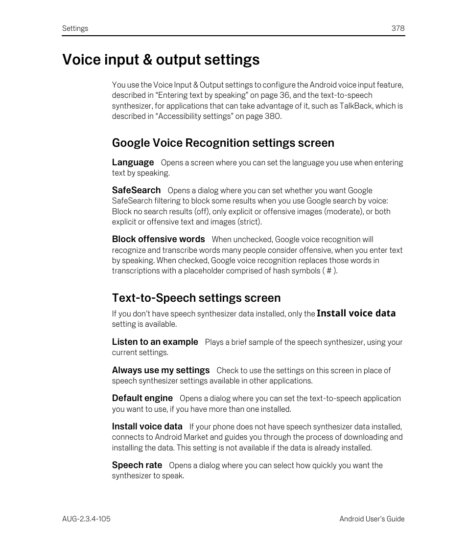 Voice input & output settings, Google voice recognition settings screen, Language | Safesearch, Block offensive words, Text-to-speech settings screen, Listen to an example, Always use my settings, Default engine, Install voice data | Google ANDROID 2.3.4 User Manual | Page 378 / 384