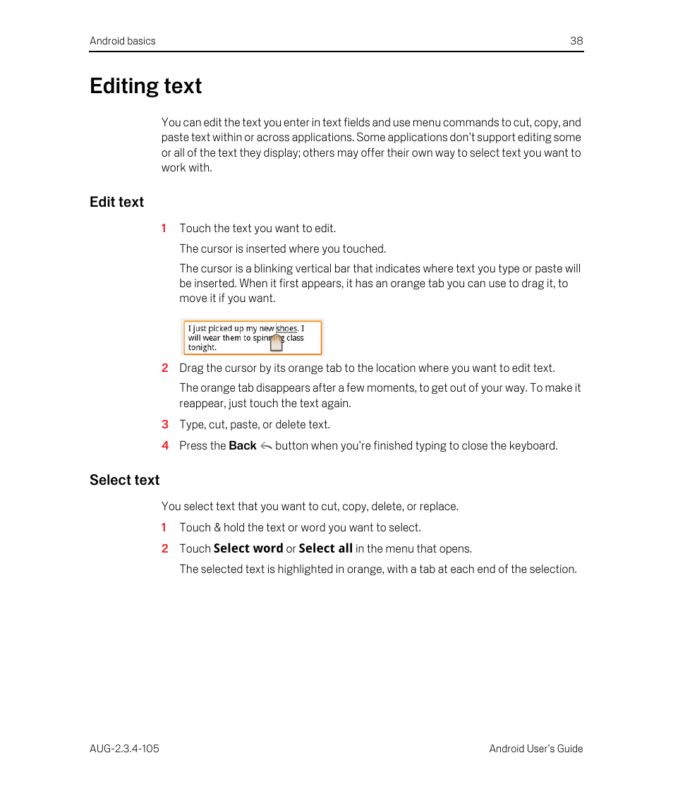 Editing text, Edit text, Select text | Editing text 38 | Google ANDROID 2.3.4 User Manual | Page 38 / 384