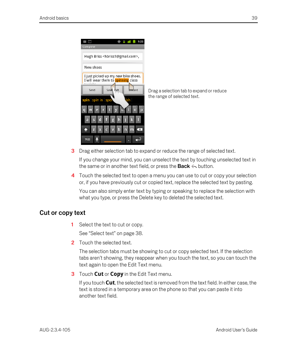 Cut or copy text | Google ANDROID 2.3.4 User Manual | Page 39 / 384