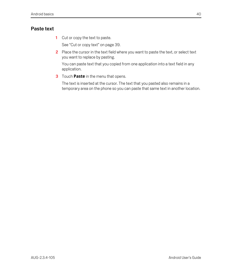 Paste text | Google ANDROID 2.3.4 User Manual | Page 40 / 384