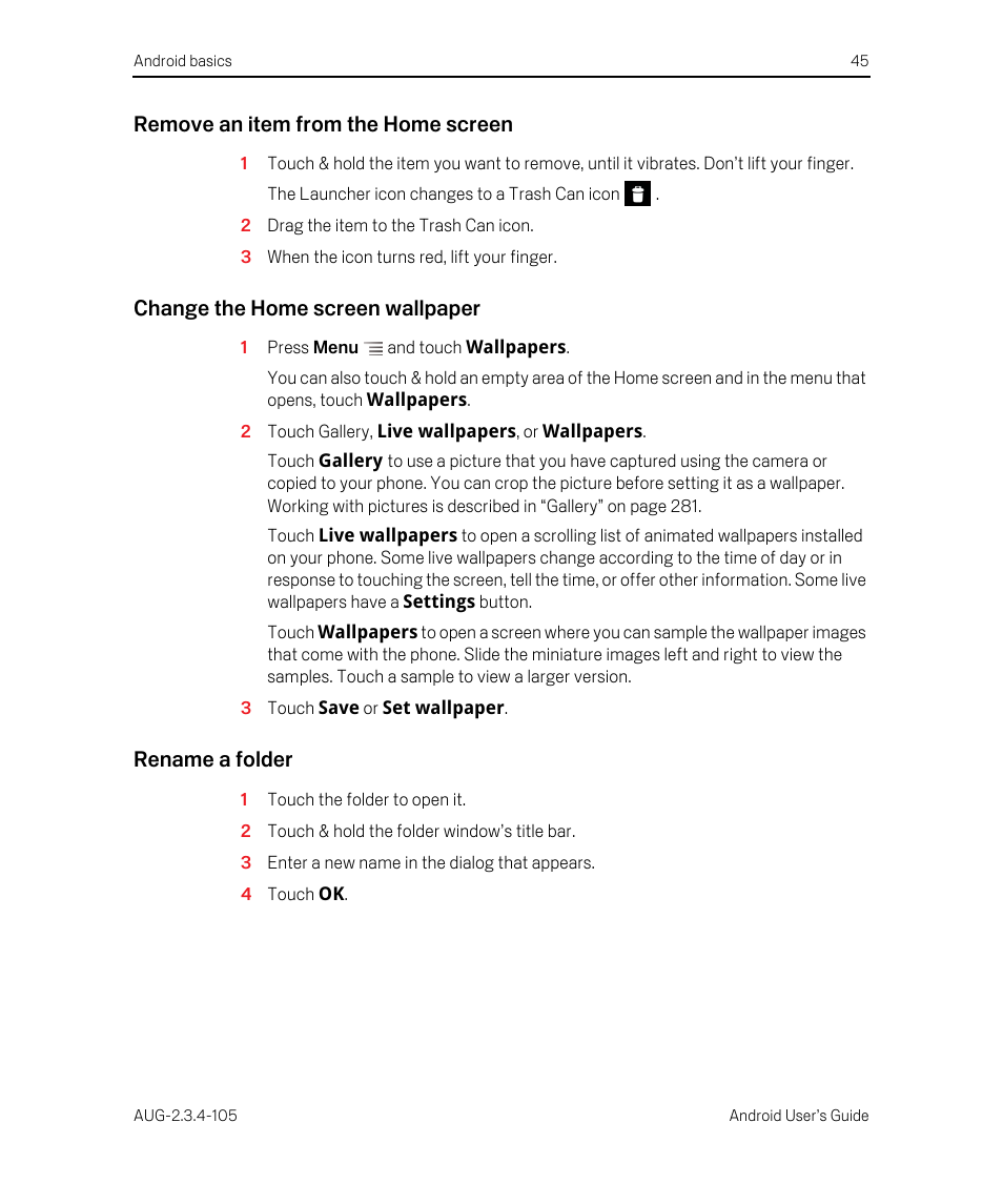 Remove an item from the home screen, Change the home screen wallpaper, Rename a folder | Google ANDROID 2.3.4 User Manual | Page 45 / 384