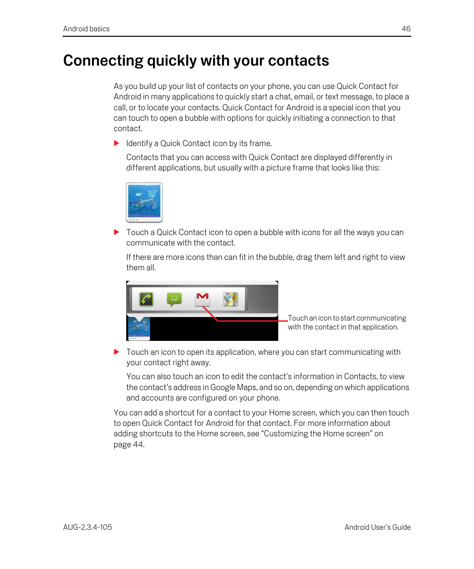 Connecting quickly with your contacts, Connecting quickly with your contacts 46 | Google ANDROID 2.3.4 User Manual | Page 46 / 384