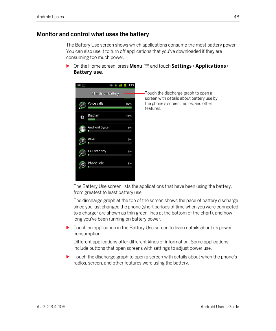 Monitor and control what uses the battery | Google ANDROID 2.3.4 User Manual | Page 48 / 384