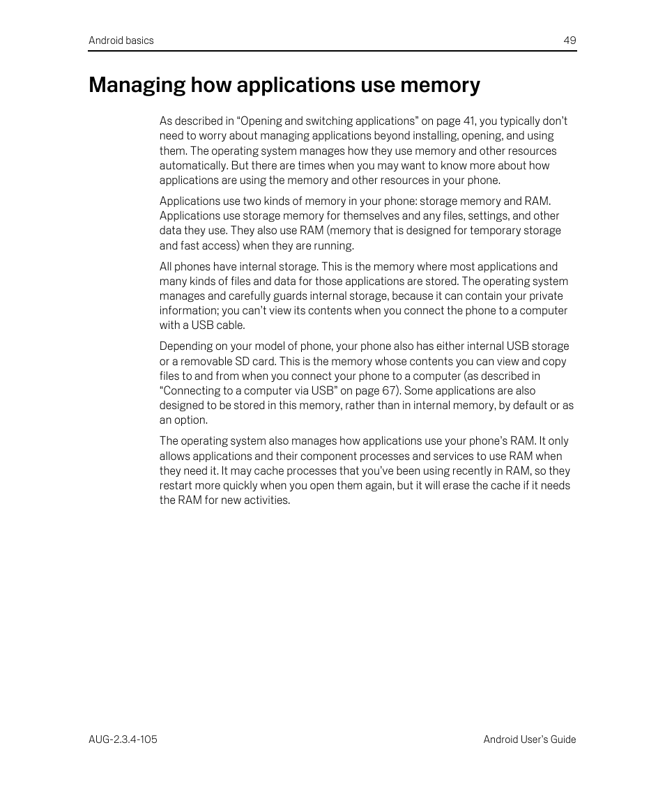 Managing how applications use memory, Managing how applications use memory 49 | Google ANDROID 2.3.4 User Manual | Page 49 / 384