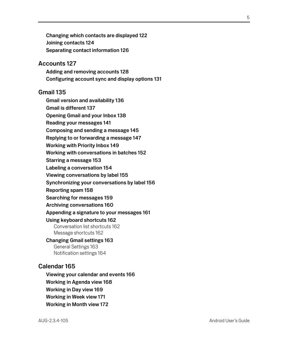 Accounts 127, Gmail 135, Calendar 165 | Google ANDROID 2.3.4 User Manual | Page 5 / 384