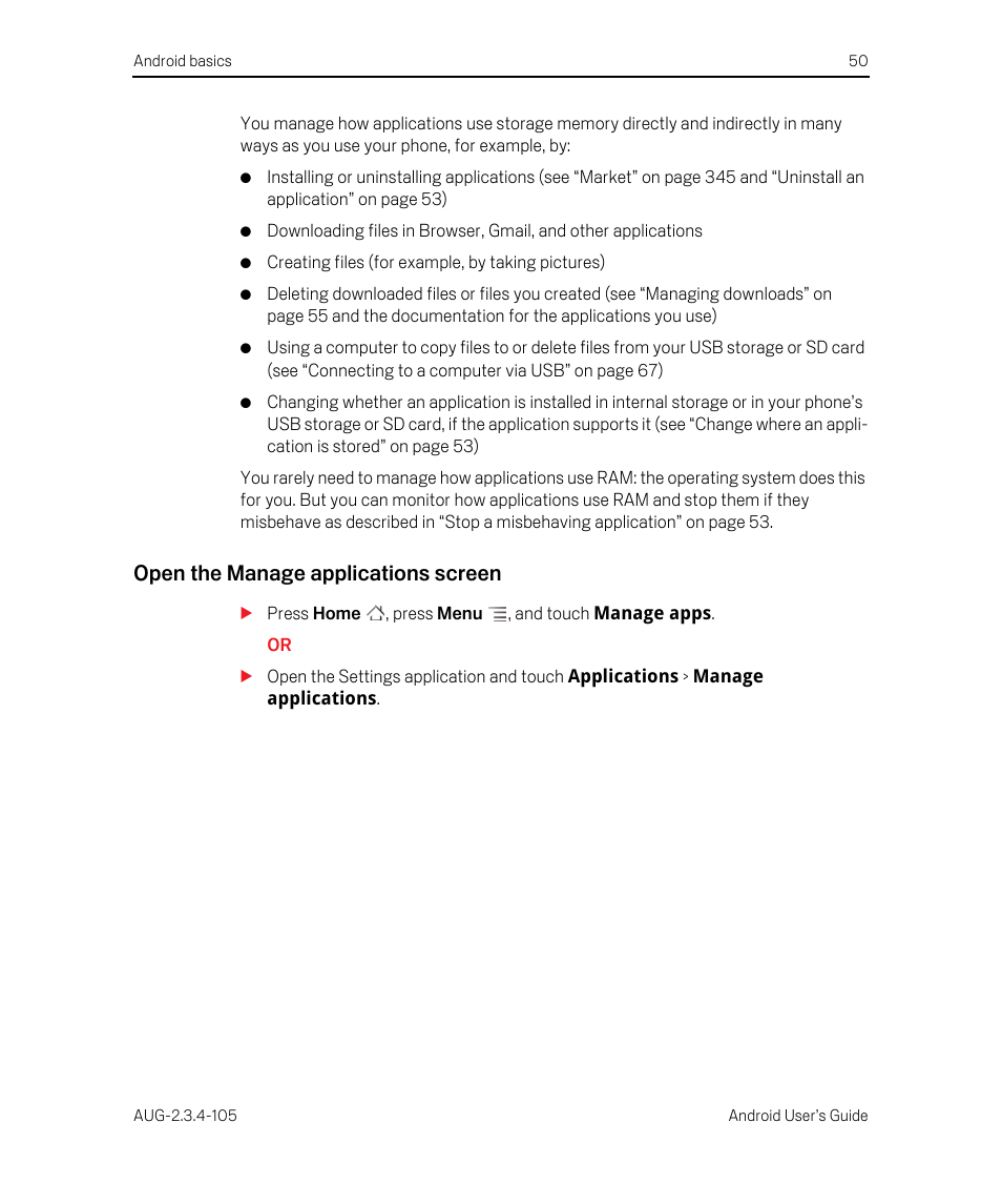 Open the manage applications screen | Google ANDROID 2.3.4 User Manual | Page 50 / 384