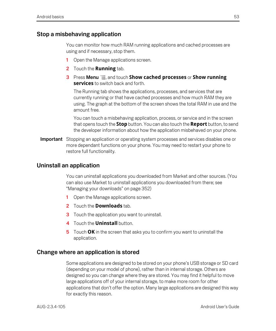 Stop a misbehaving application, Uninstall an application, Change where an application is stored | Google ANDROID 2.3.4 User Manual | Page 53 / 384