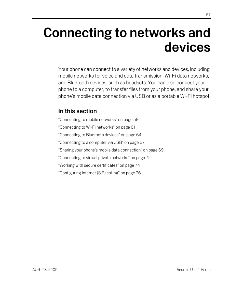 Connecting to networks and devices, Connecting to networks and devices 57 | Google ANDROID 2.3.4 User Manual | Page 57 / 384