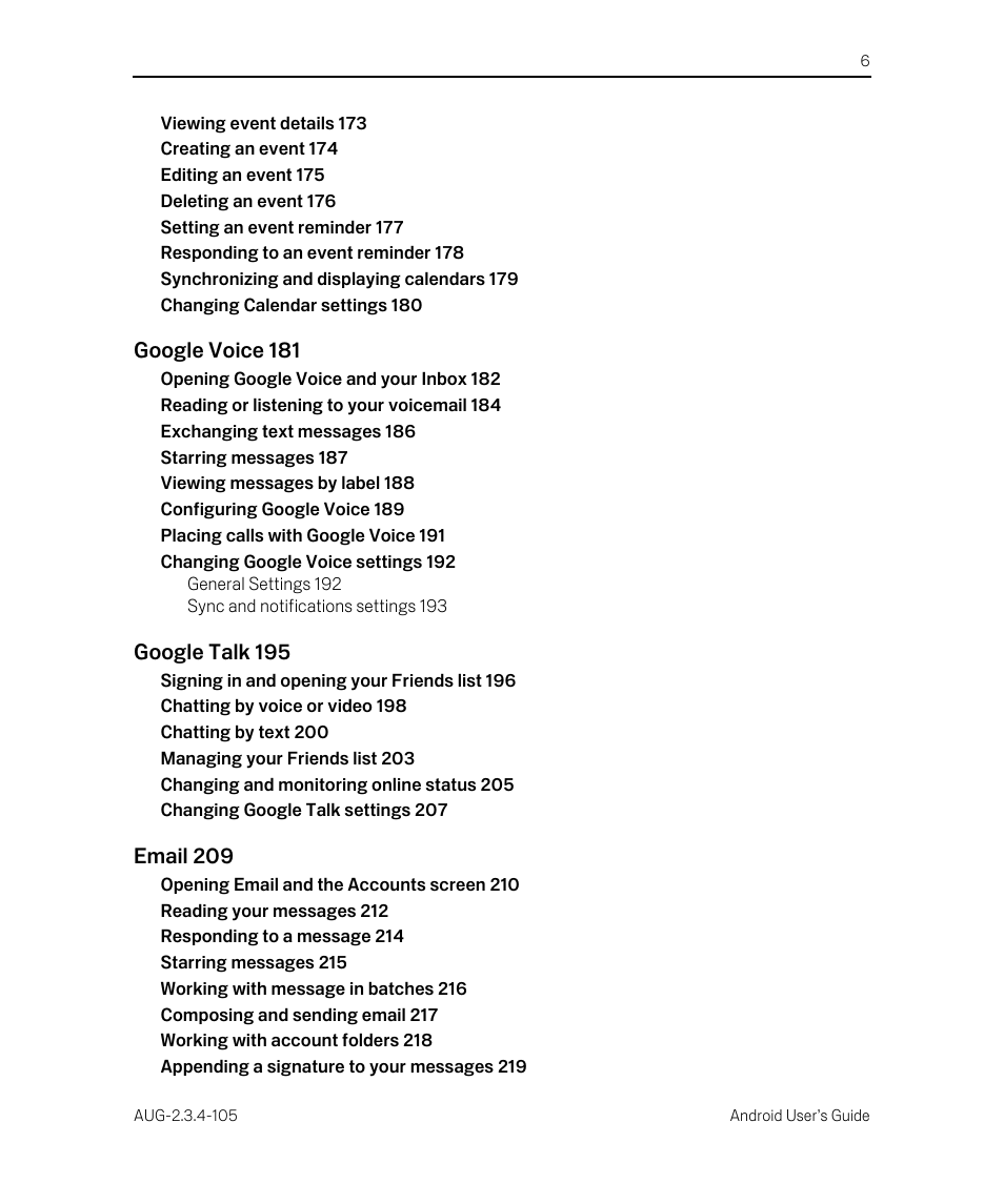 Google voice 181, Google talk 195, Email 209 | Google ANDROID 2.3.4 User Manual | Page 6 / 384