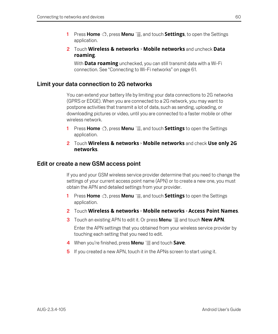 Limit your data connection to 2g networks, Edit or create a new gsm access point | Google ANDROID 2.3.4 User Manual | Page 60 / 384