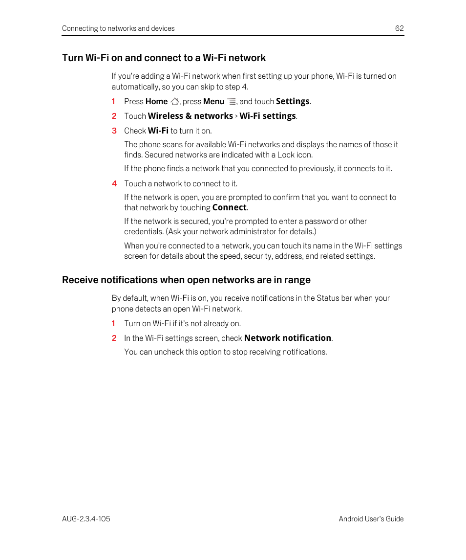 Turn wi-fi on and connect to a wi-fi network | Google ANDROID 2.3.4 User Manual | Page 62 / 384