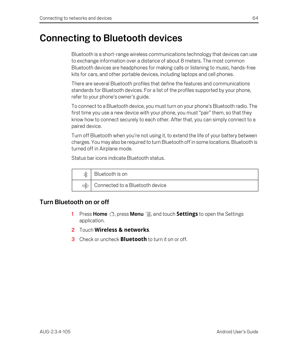 Connecting to bluetooth devices, Turn bluetooth on or off, Connecting to bluetooth devices 64 | Google ANDROID 2.3.4 User Manual | Page 64 / 384