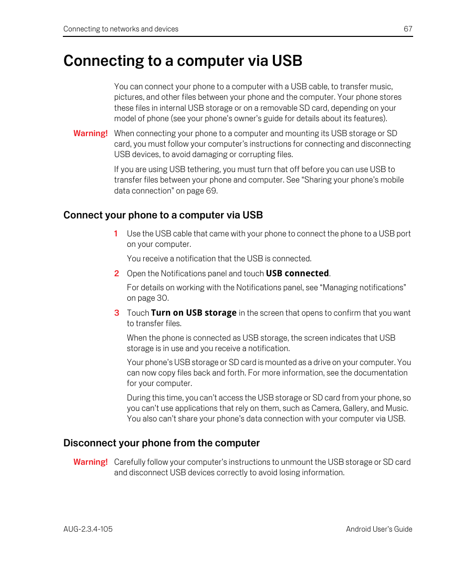 Connecting to a computer via usb, Connect your phone to a computer via usb, Disconnect your phone from the computer | Connecting to a computer via usb 67 | Google ANDROID 2.3.4 User Manual | Page 67 / 384