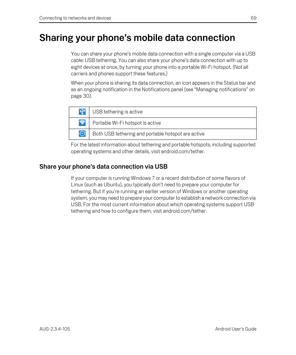 Sharing your phone’s mobile data connection, Share your phone’s data connection via usb, Sharing your phone’s mobile data connection 69 | Google ANDROID 2.3.4 User Manual | Page 69 / 384