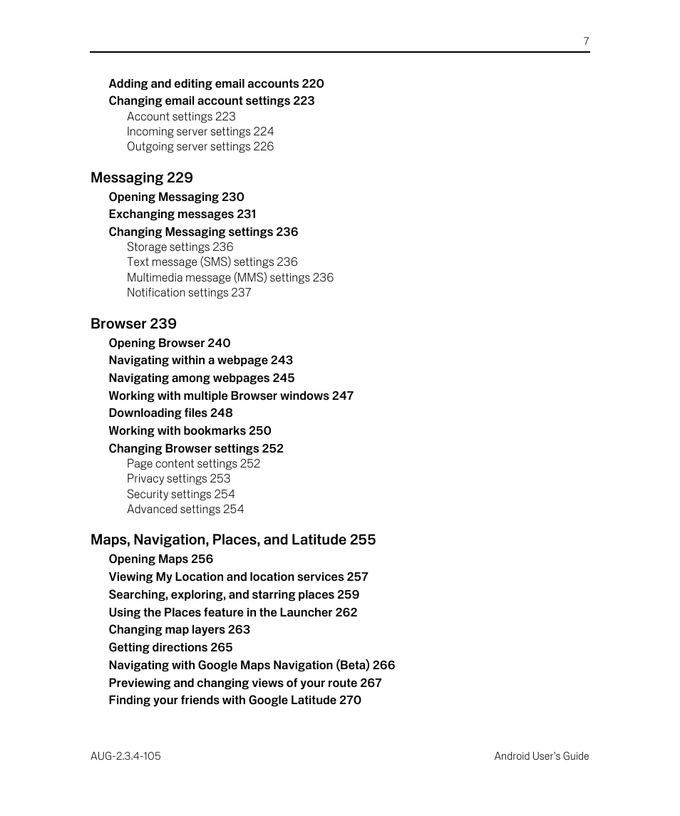 Messaging 229, Browser 239, Maps, navigation, places, and latitude 255 | Google ANDROID 2.3.4 User Manual | Page 7 / 384