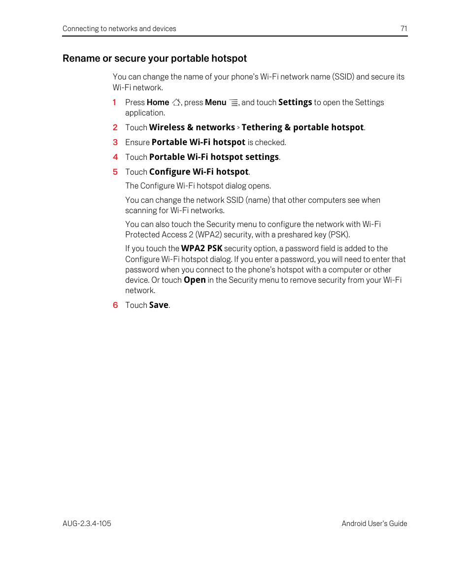 Rename or secure your portable hotspot | Google ANDROID 2.3.4 User Manual | Page 71 / 384