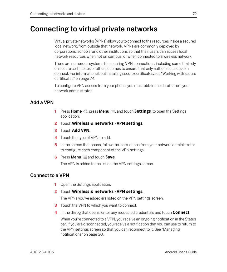 Connecting to virtual private networks, Add a vpn, Connect to a vpn | Connecting to virtual private networks 72 | Google ANDROID 2.3.4 User Manual | Page 72 / 384