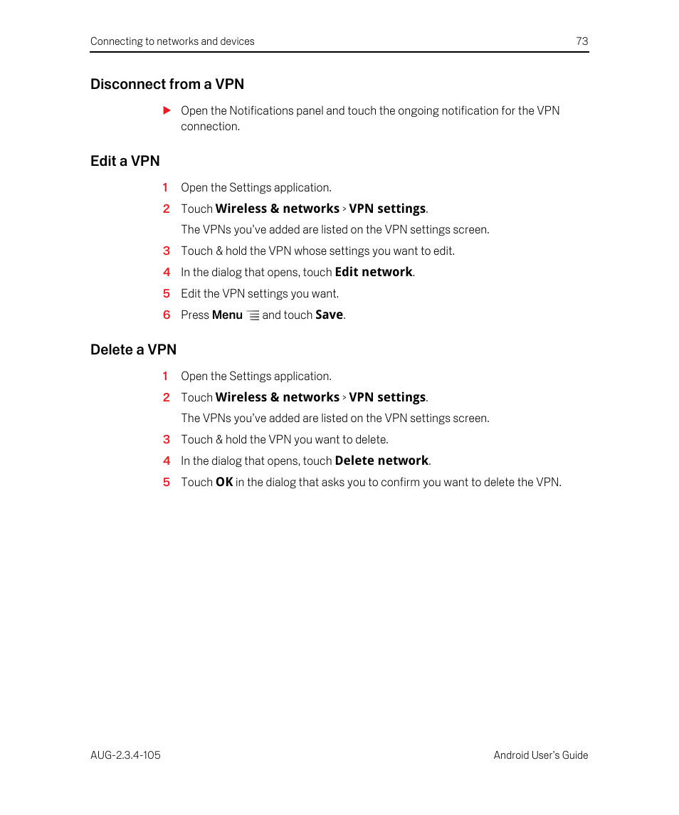 Disconnect from a vpn, Edit a vpn, Delete a vpn | Google ANDROID 2.3.4 User Manual | Page 73 / 384