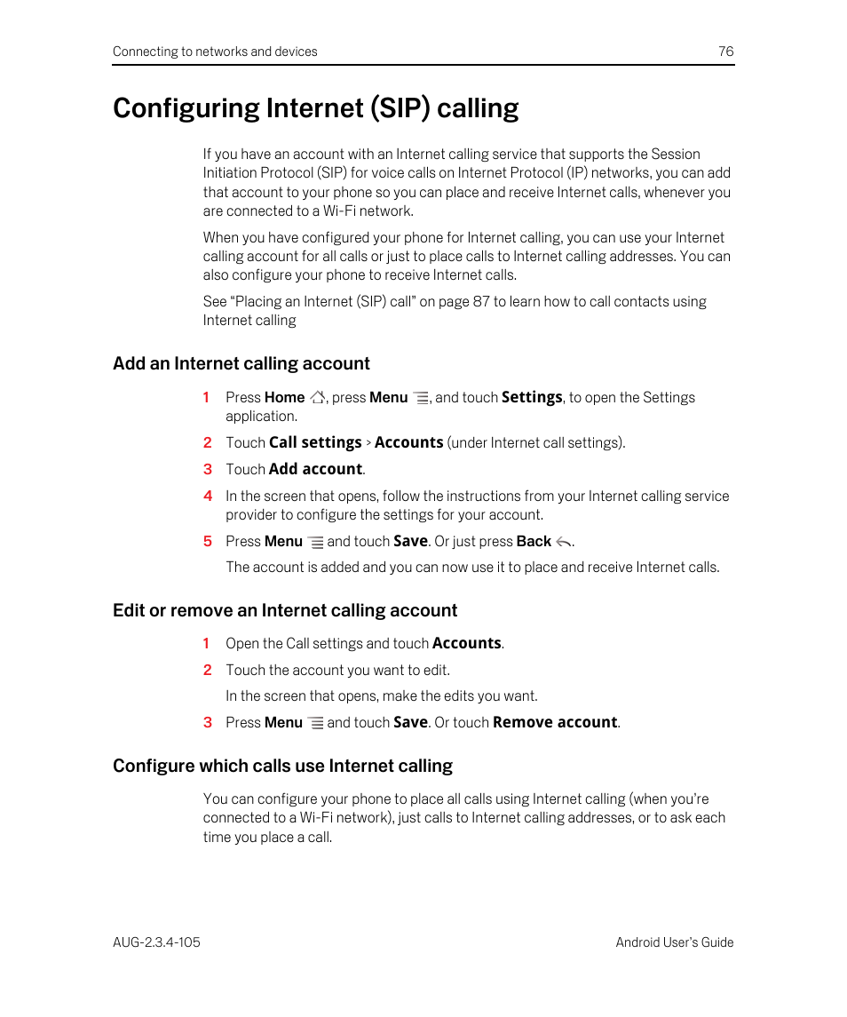 Configuring internet (sip) calling, Add an internet calling account, Edit or remove an internet calling account | Configure which calls use internet calling, Configuring internet (sip) calling 76 | Google ANDROID 2.3.4 User Manual | Page 76 / 384