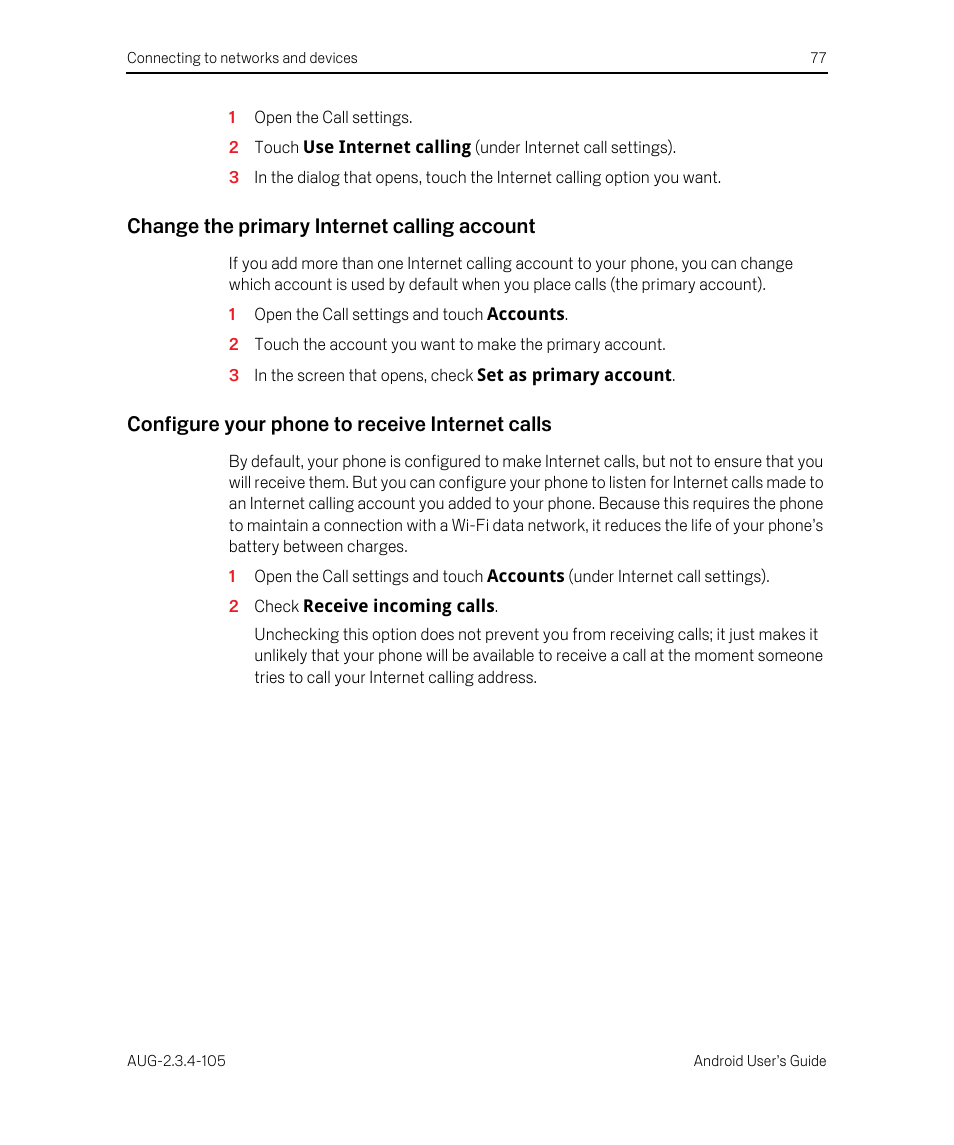 Change the primary internet calling account, Configure your phone to receive internet calls | Google ANDROID 2.3.4 User Manual | Page 77 / 384