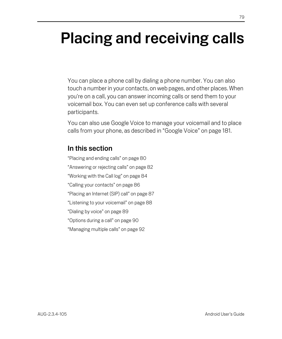 Placing and receiving calls, Placing and receiving calls 79 | Google ANDROID 2.3.4 User Manual | Page 79 / 384