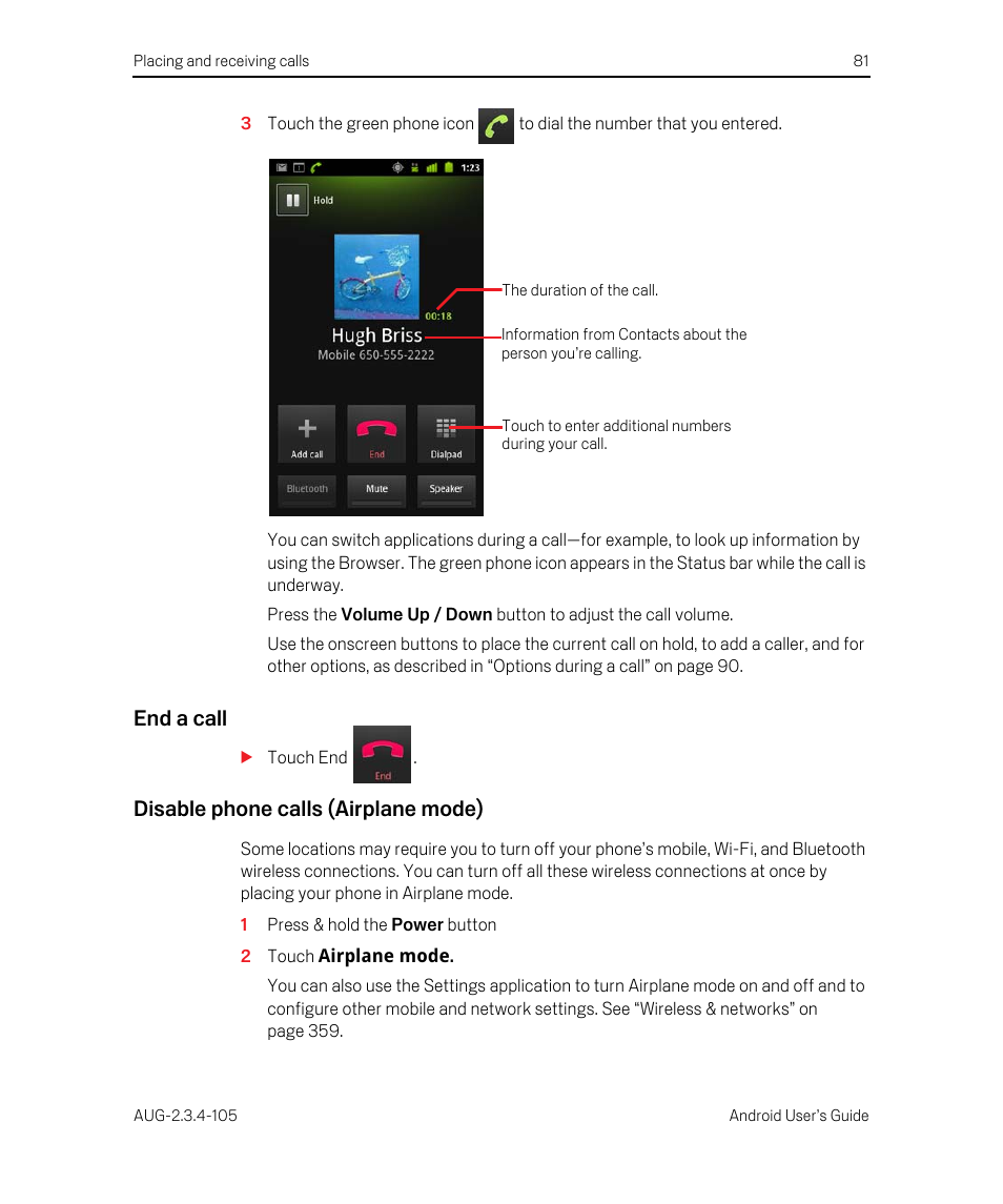 End a call, Disable phone calls (airplane mode) | Google ANDROID 2.3.4 User Manual | Page 81 / 384