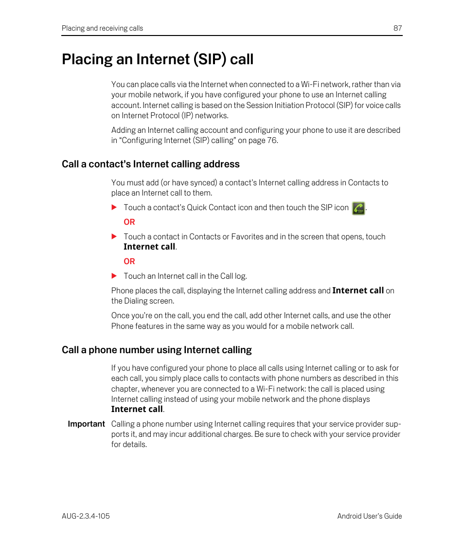 Placing an internet (sip) call, Call a contact’s internet calling address, Call a phone number using internet calling | Placing an internet (sip) call 87 | Google ANDROID 2.3.4 User Manual | Page 87 / 384