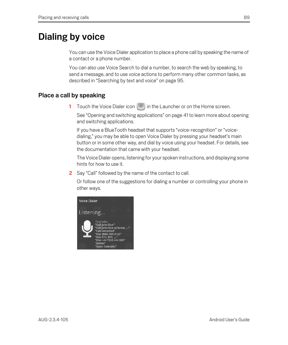 Dialing by voice, Place a call by speaking, Dialing by voice 89 | Google ANDROID 2.3.4 User Manual | Page 89 / 384