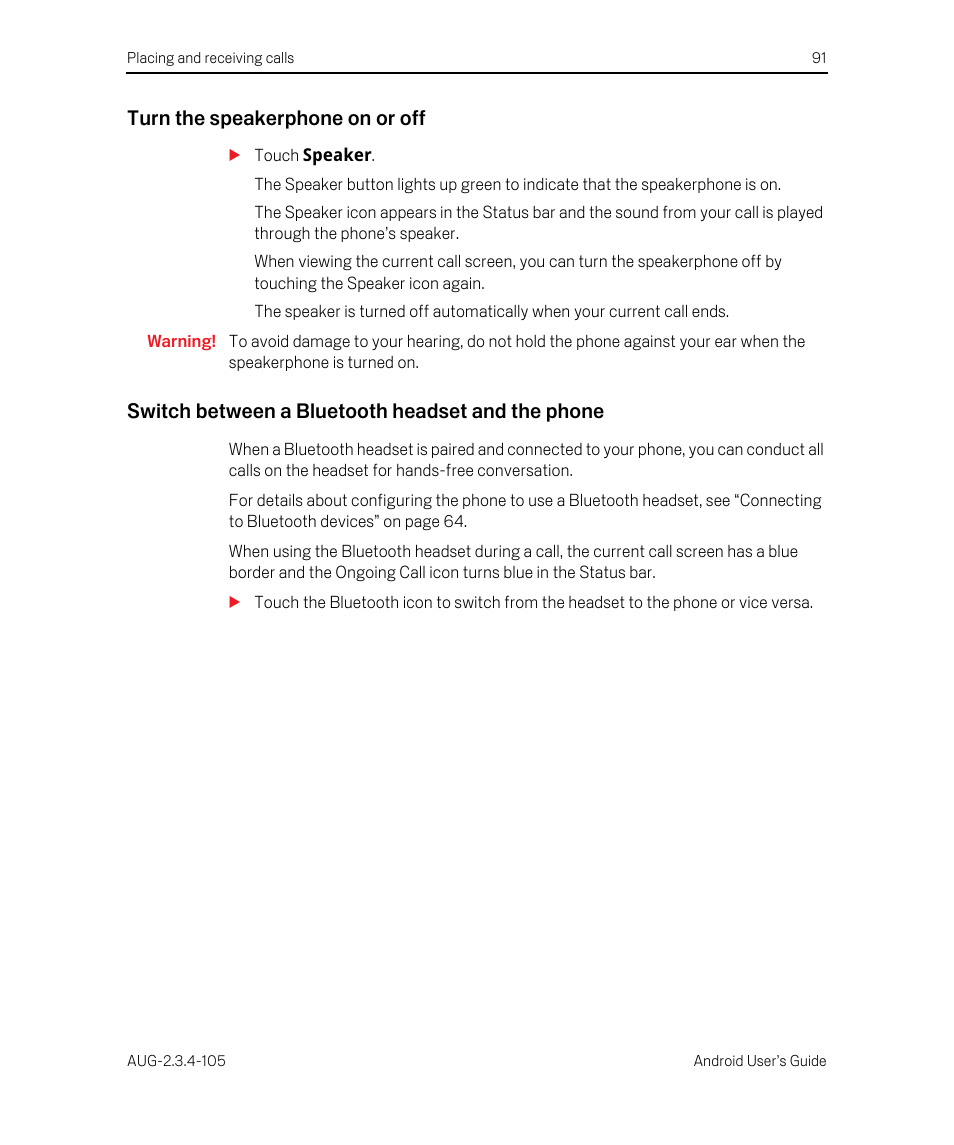 Turn the speakerphone on or off, Switch between a bluetooth headset and the phone | Google ANDROID 2.3.4 User Manual | Page 91 / 384