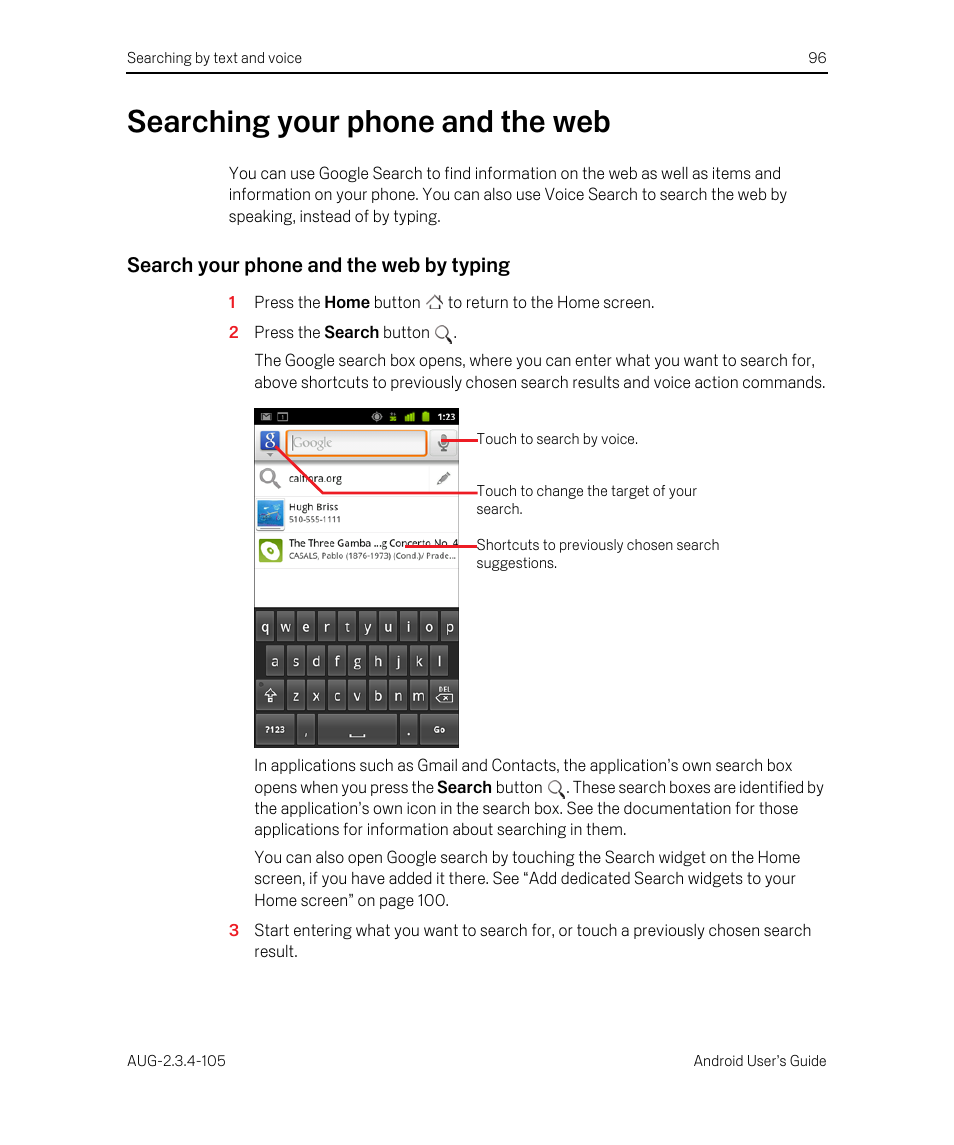 Searching your phone and the web, Search your phone and the web by typing, Searching your phone and the web 96 | Google ANDROID 2.3.4 User Manual | Page 96 / 384