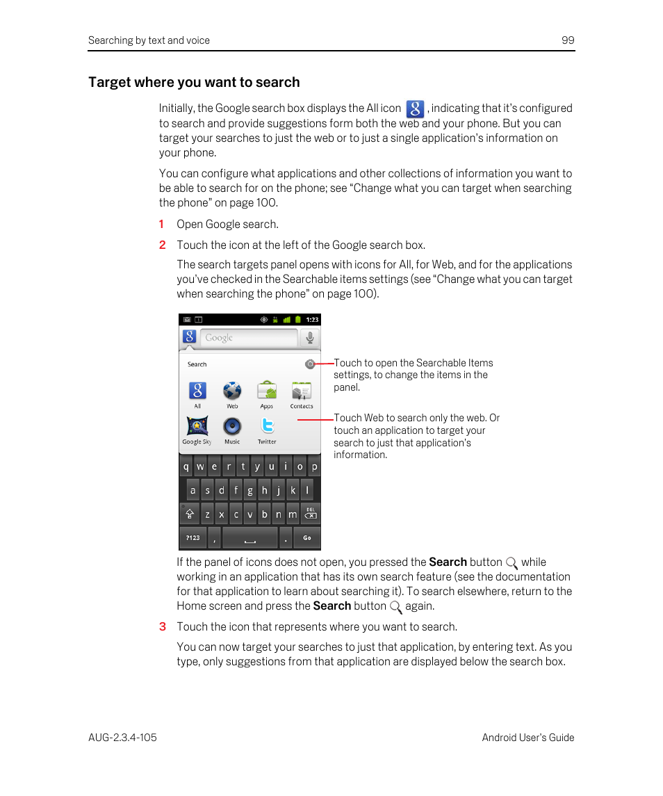 Target where you want to search | Google ANDROID 2.3.4 User Manual | Page 99 / 384