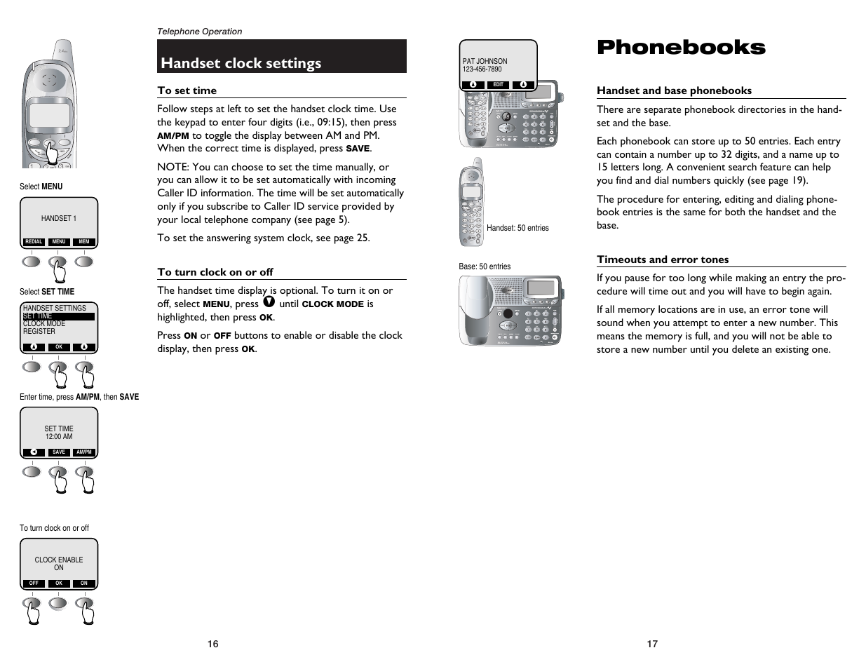 Phonebooks, Handset clock settings | GN Netcom E2555 User Manual | Page 10 / 25