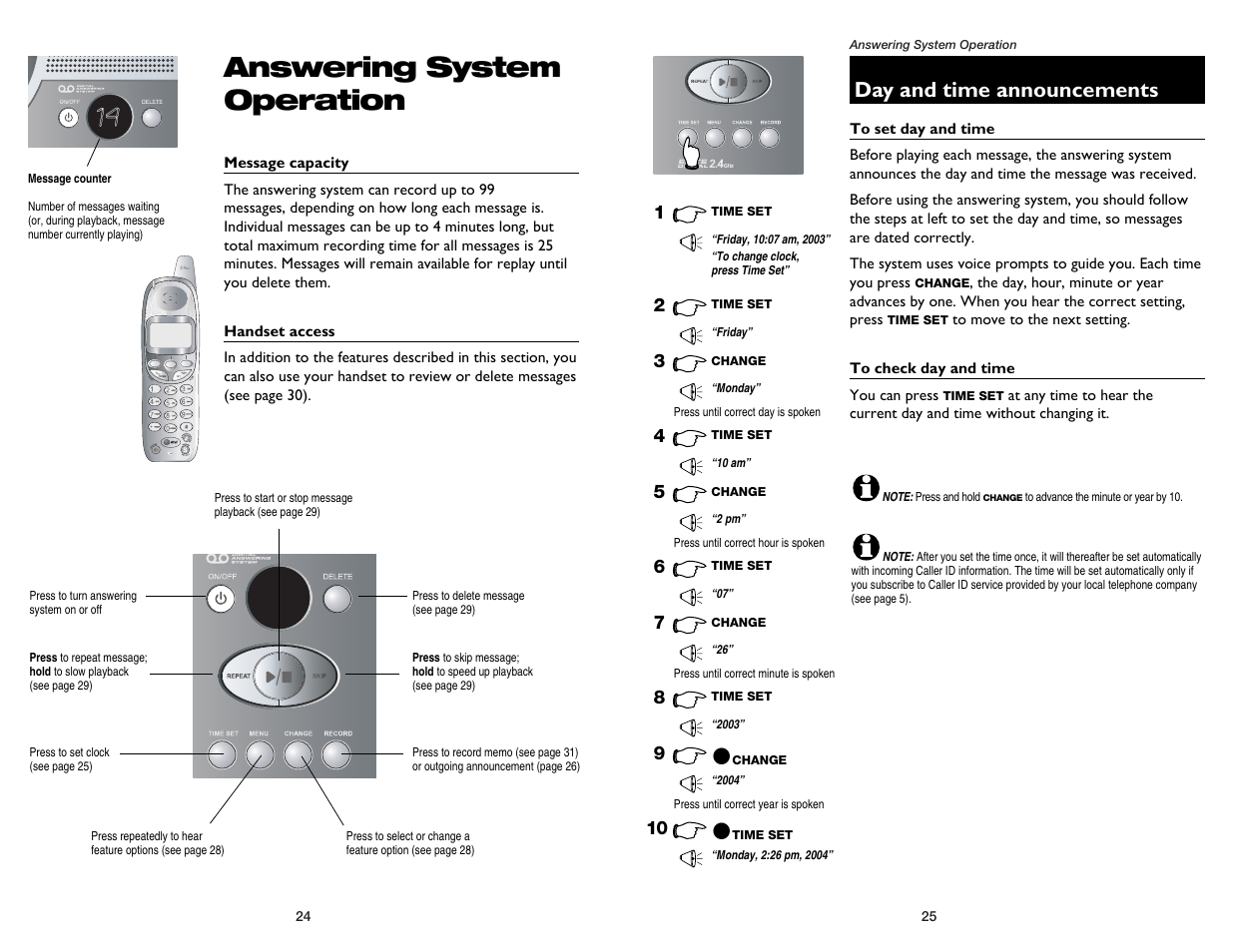 Answering system operation, Day and time announcements | GN Netcom E2555 User Manual | Page 14 / 25