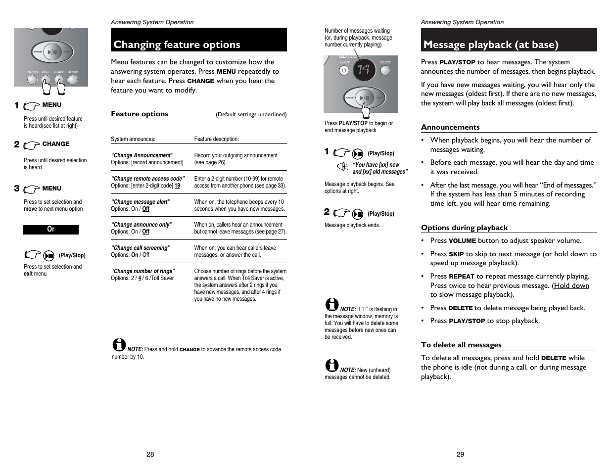 Message playback (at base), Changing feature options | GN Netcom E2555 User Manual | Page 16 / 25