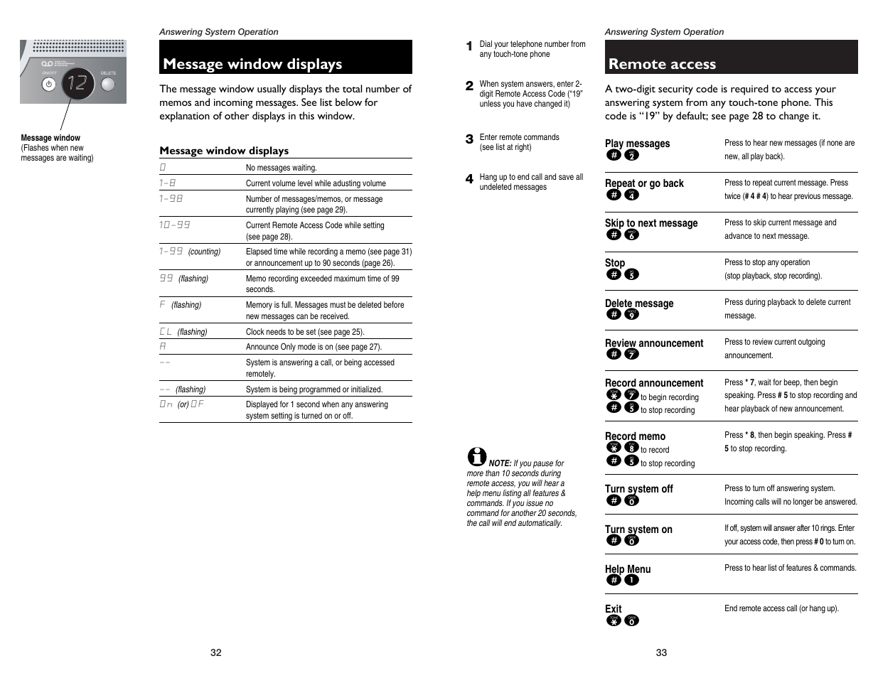 Remote access, Message window displays | GN Netcom E2555 User Manual | Page 18 / 25