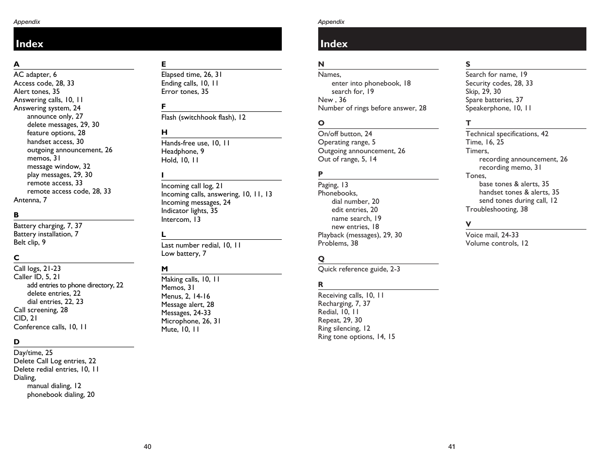 Index | GN Netcom E2555 User Manual | Page 22 / 25