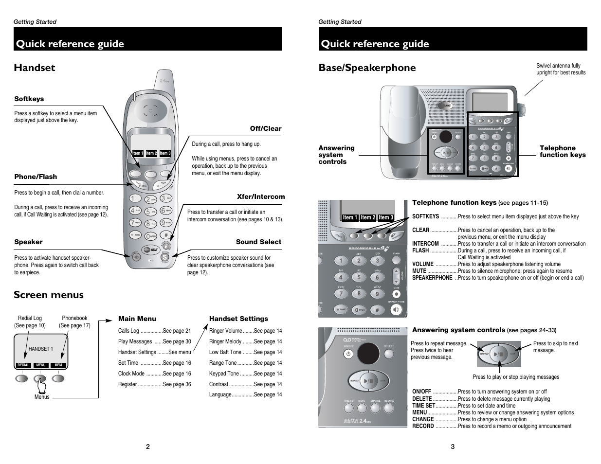 Quick reference guide, Handset base/speakerphone, Screen menus | GN Netcom E2555 User Manual | Page 3 / 25