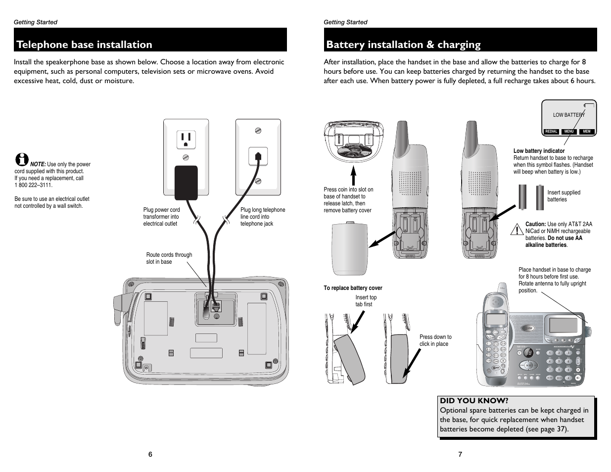 Battery installation & charging, Telephone base installation | GN Netcom E2555 User Manual | Page 5 / 25